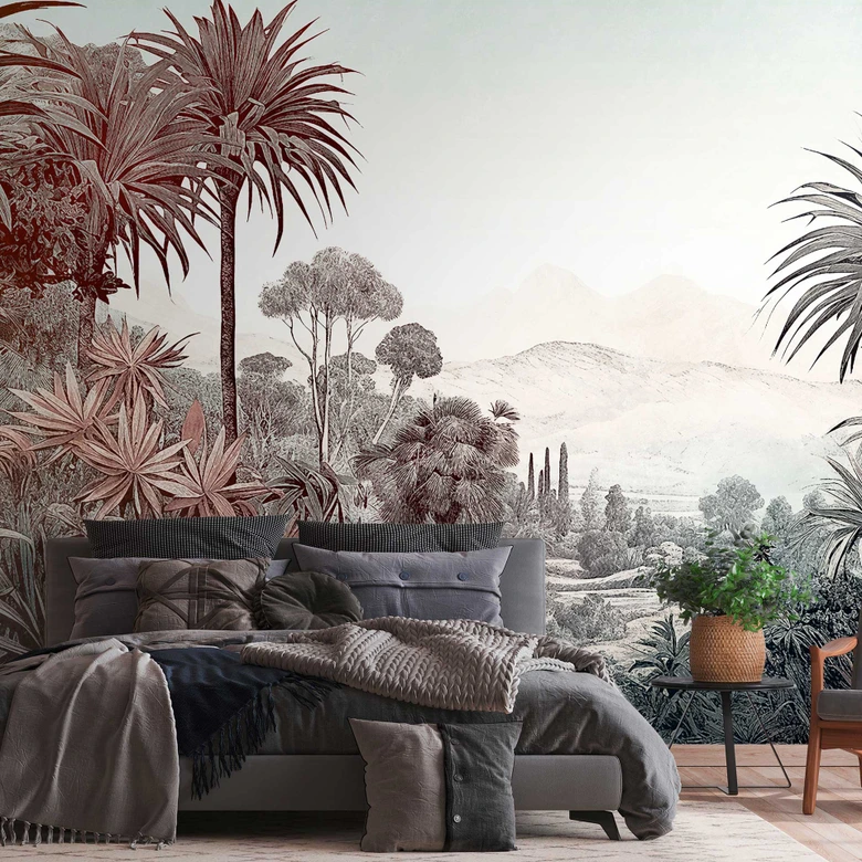 Papier peint Paysage tropical Marron Vert - papier peint intissé avec motif végétal pour le salon 