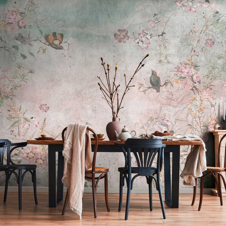 Fototapete Vintage Blumen und Vögel - Vliestapete mit Naturmotiven in Pastell - Romantisch 