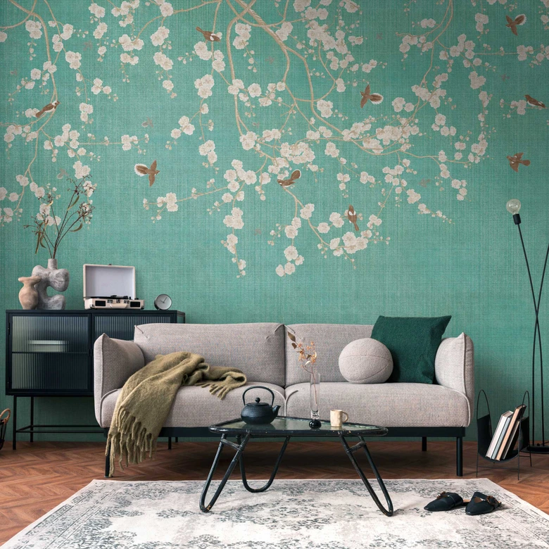 Kersenbloesem turquoise - vliesbehang met bloemenpatroon en vogels 