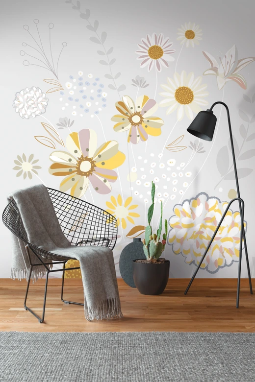 Fototapete Blumen grau gelb - Vliestapete Floral Livingwalls - matt und glatt 