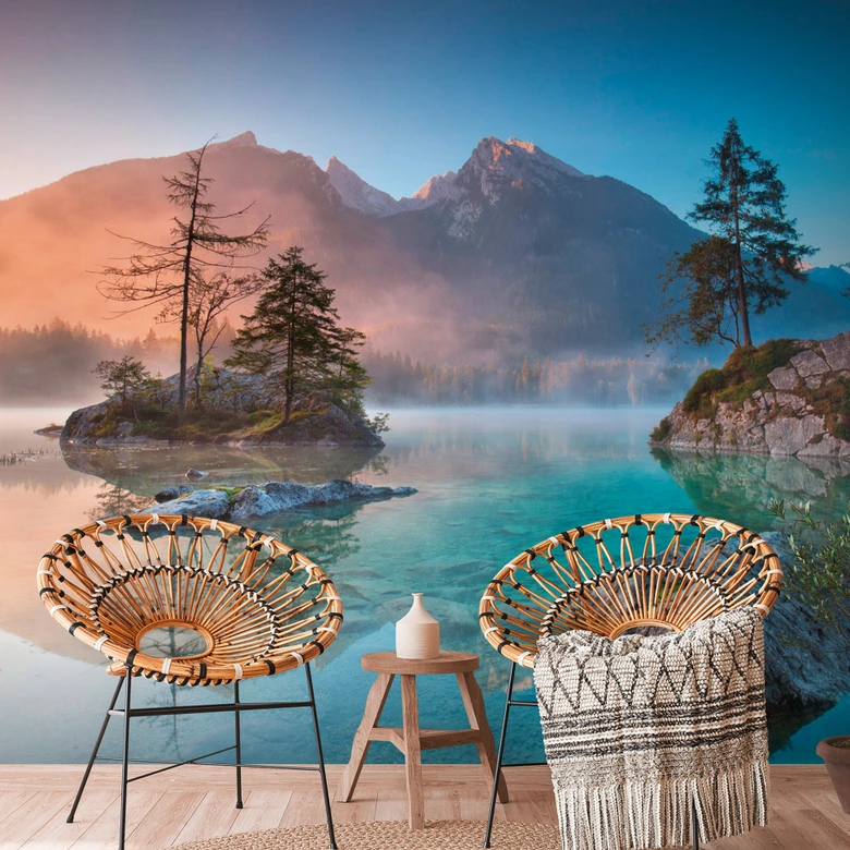 Bergsee-Fototapete Alpen Blau Türkis – Vliestapete 3,75 m x 2,50 m Naturmotiv 