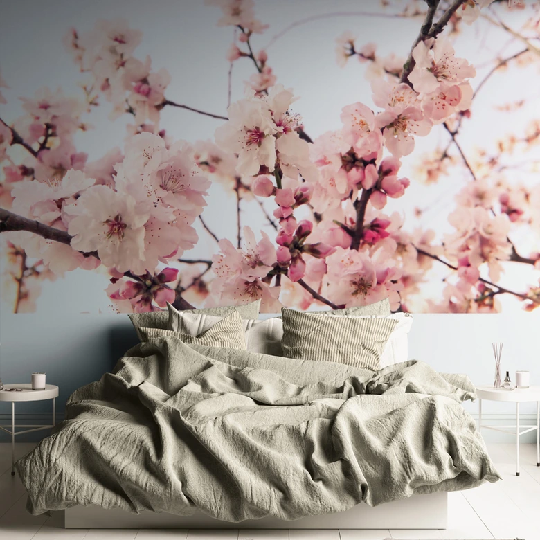 Kirschblüten-Fototapete Rosa Weiß – Vliestapete 3,75 m x 2,50 m Blütenmotiv zart 