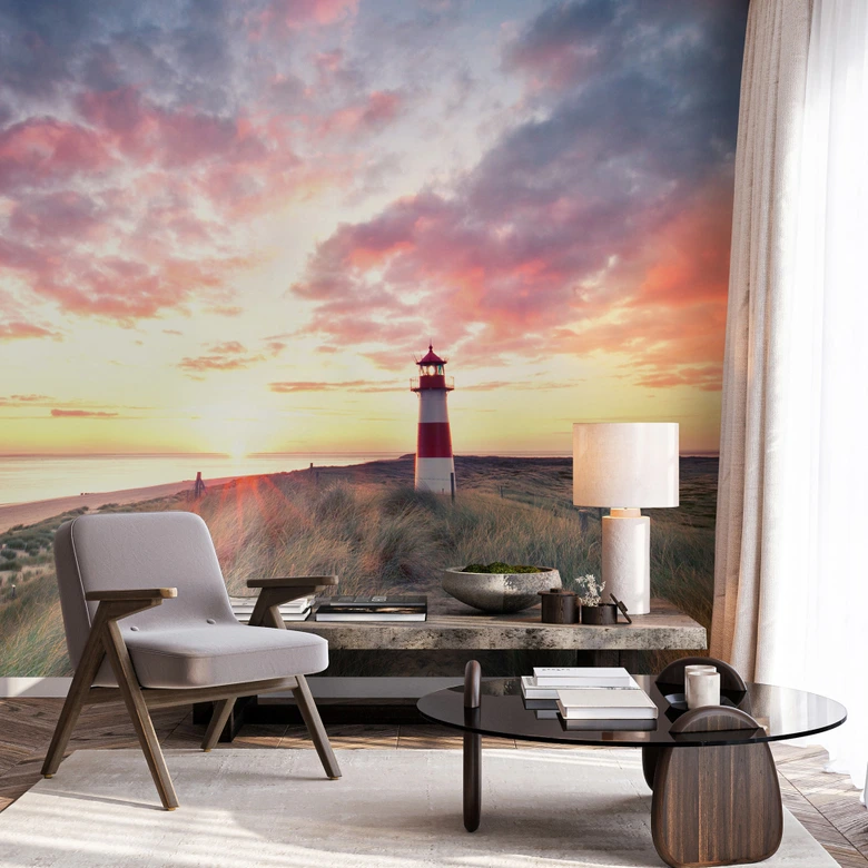 Leuchtturm-Fototapete Sonnenuntergang Rosa Blau – Vliestapete 3,75 m x 2,50 m Küstenmotiv 