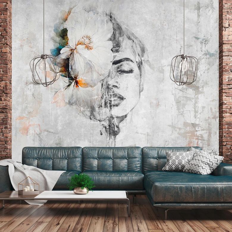 Kunst-Fototapete Frau Blume Grau Bunt – Vliestapete 3,75 m x 2,50 m modern kreativ 