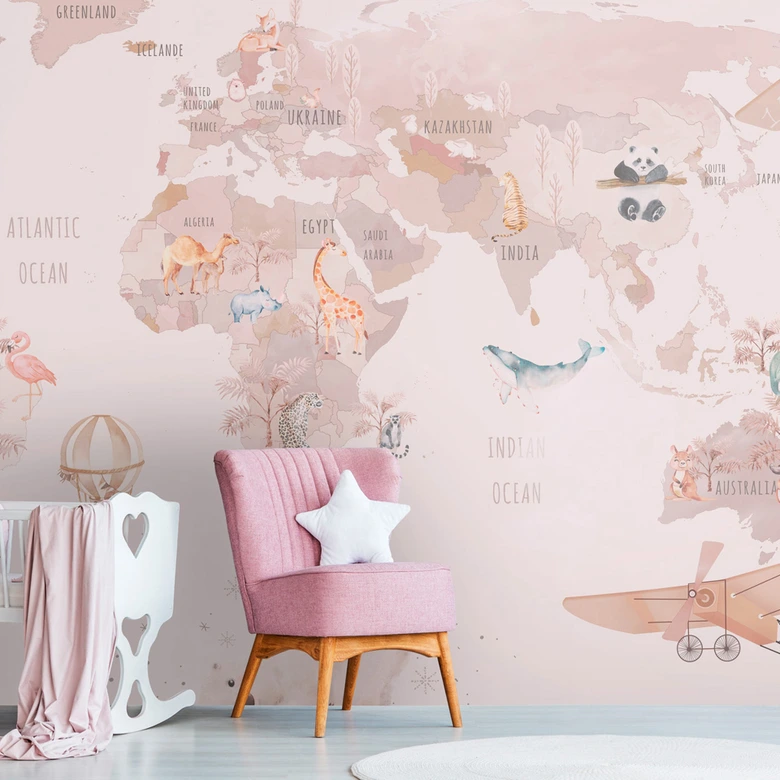 Fototapet världskarta djur rosa beige 3,75 x 2,50 m - non-woven tapet för barn 