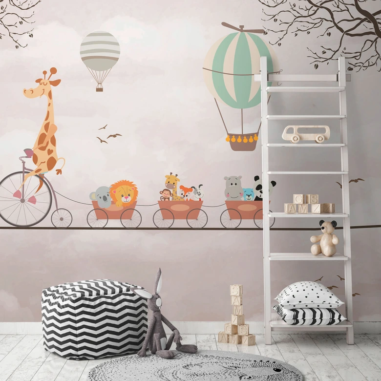 Fototapete Tiere im Zug Rosa Beige 3,75 x 2,50 m - Kindertapete mit Heißluftballon 