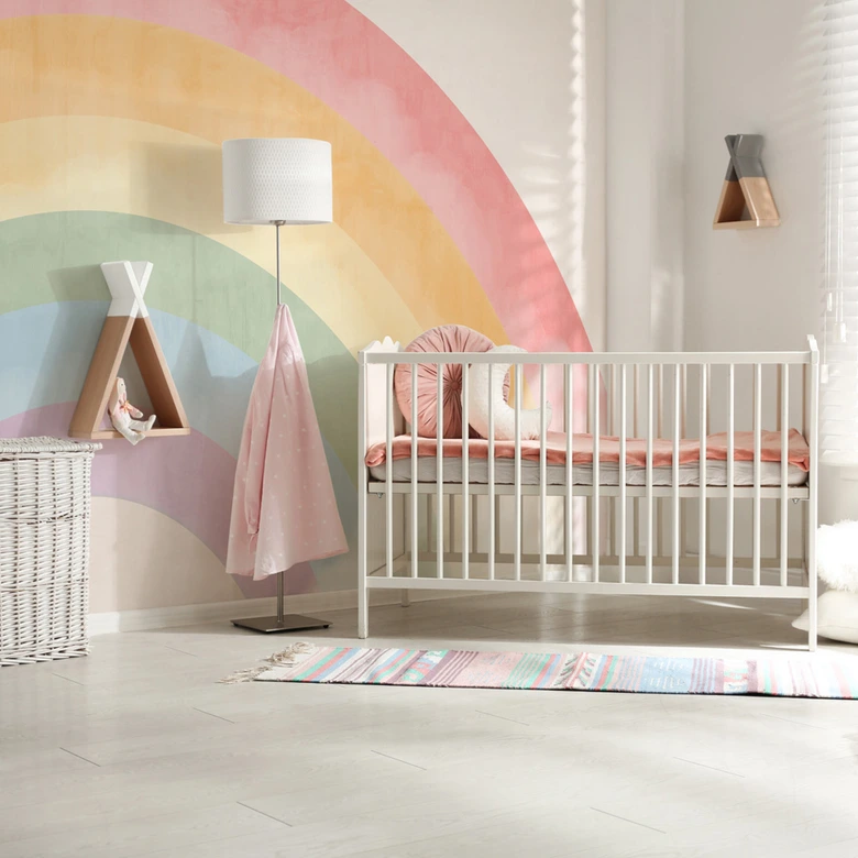 Fotobehang regenboog pastel roze kleurrijk 3,75 x 2,50 m - vliesbehang voor kinderen 