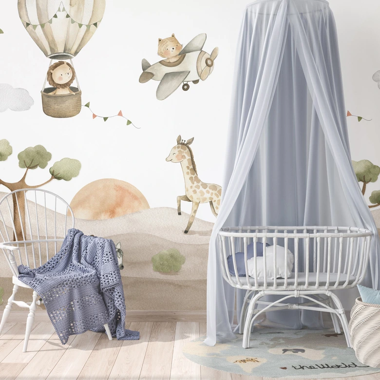 Safari Kids Dieren Beige Groen 3,75 x 2,50 m - Kinder fotobehang avontuur 