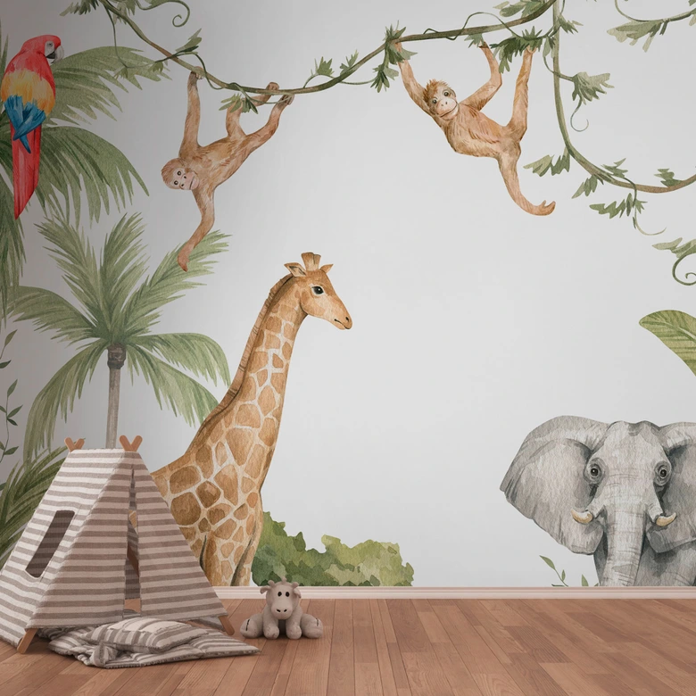 Papier peint animaux jungle vert blanc 3,75 x 2,50 m - papier peint enfants tropical intissé 