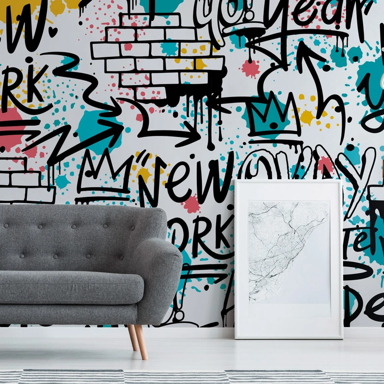 Papier peint photo Graffiti Streetart Coloré Blanc 3,75 x 2,50 m - papier peint jeunesse New York 