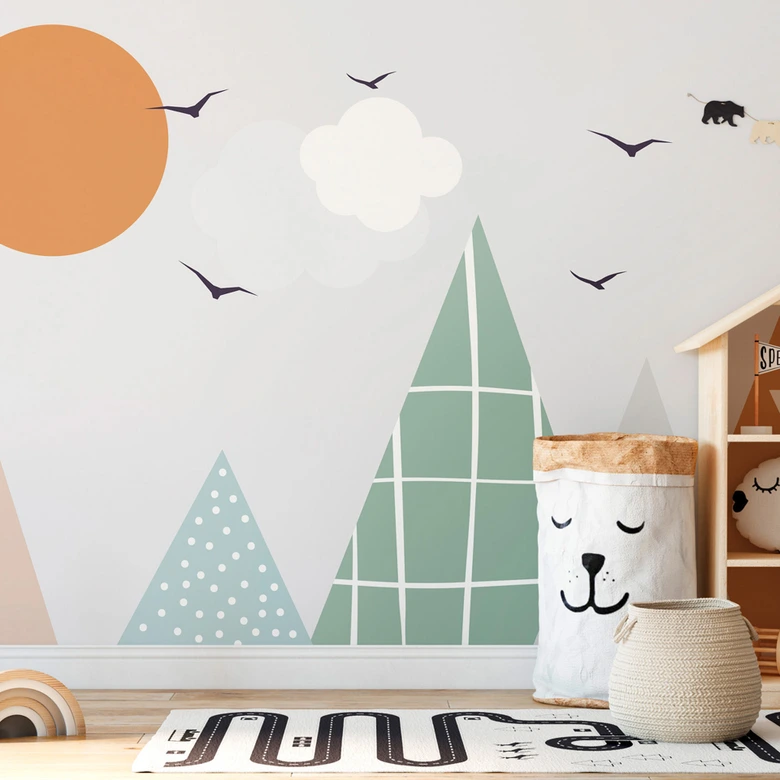 Papier peint montagne moderne beige vert 3,75 x 2,50 m - papier peint enfant style scandi intissé 
