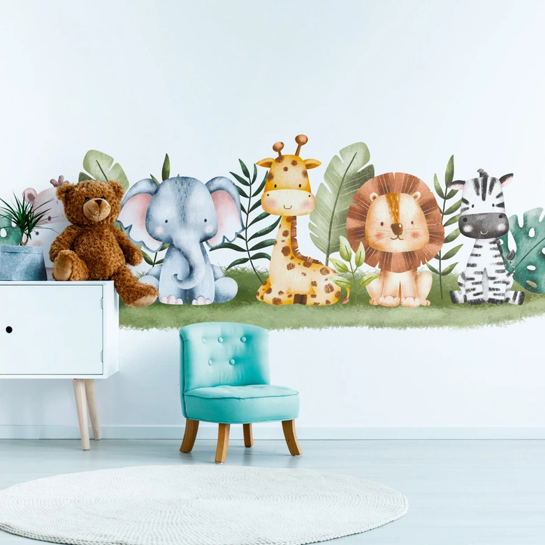 Safari animals baby room wallpaper green white 3,75 x 2,50 m - non-woven children's wallpaper 