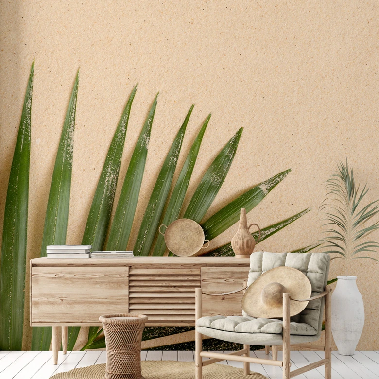 Palmblatt-Fototapete Beige Grün – 3,75 x 2,50 m – Naturmotiv Vliestapete modern 