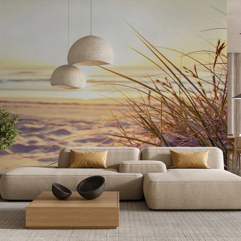 Strand-Fototapete Sonnenuntergang Beige Violett – 3,75 x 2,50 m – Vliestapete 