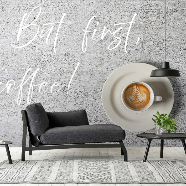 Kaffee-Fototapete Spruch Grau Weiß – 3,75 x 2,50 m – Vliestapete modern 