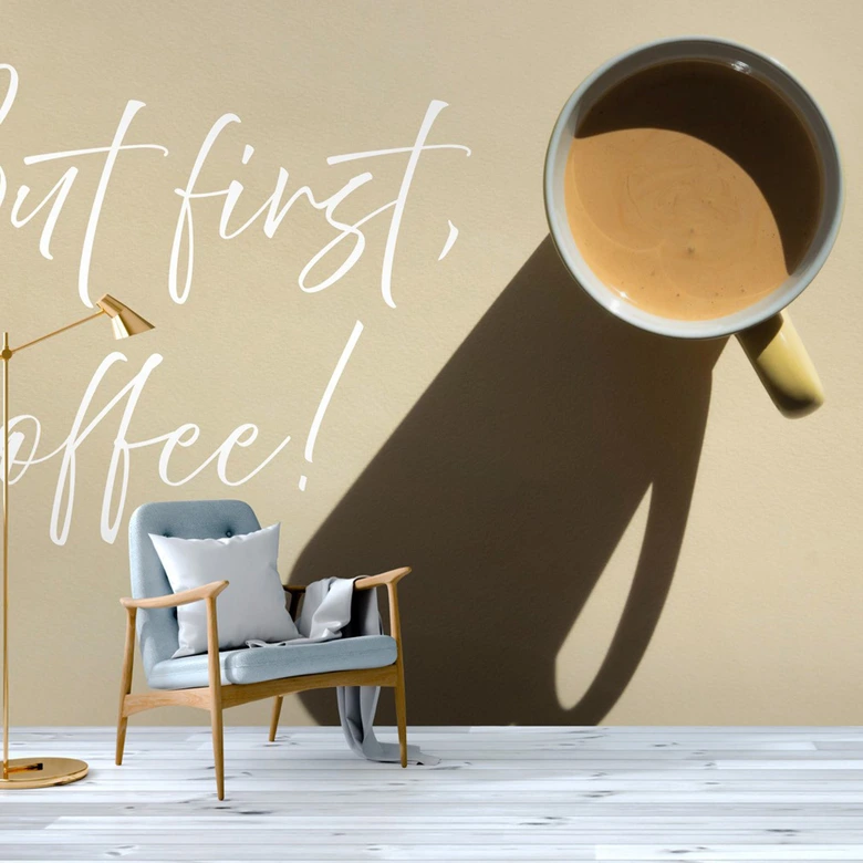 Kaffee-Fototapete Spruch Beige Gelb – 3,75 x 2,50 m – Vliestapete modern 