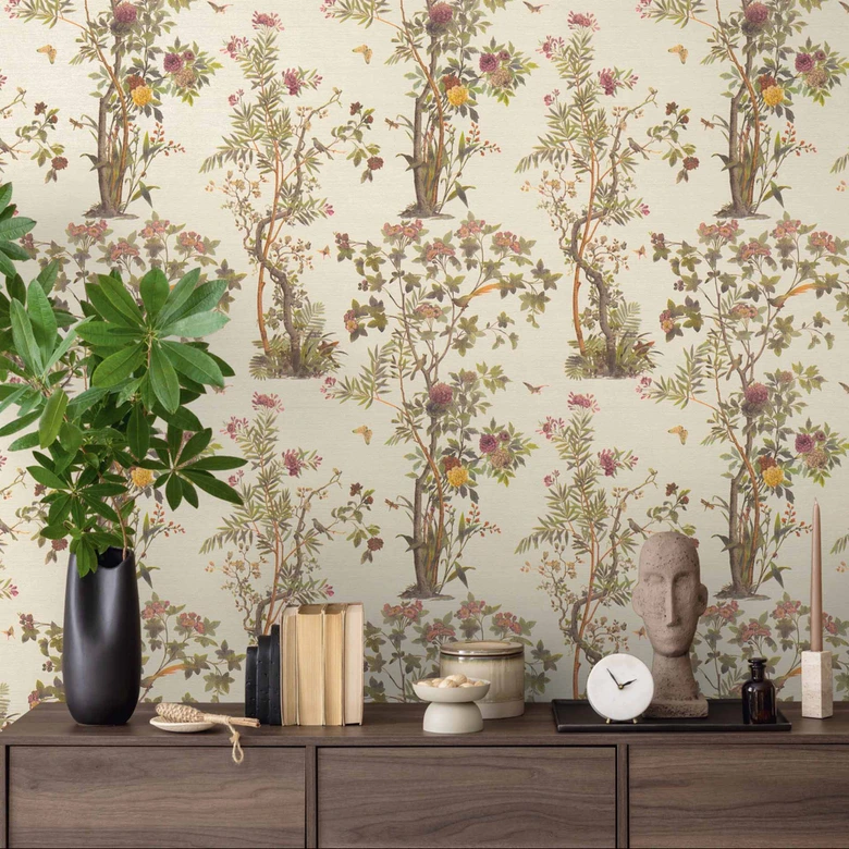 Papel pintado de motivo floral con mariposas crema verde rosa - Papel pintado no tejido motivo naturaleza 