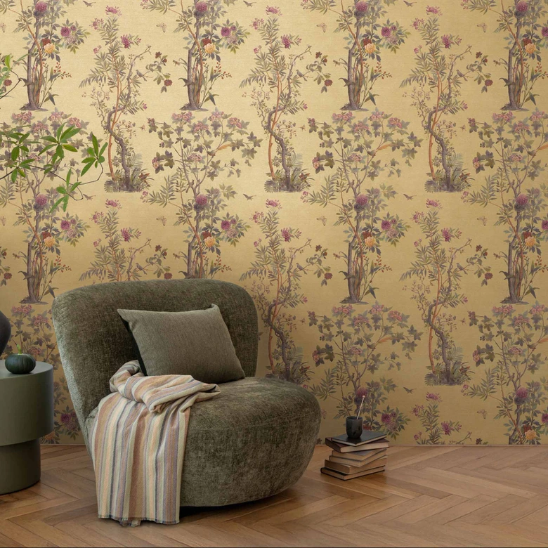 Tapety wg wzoru kwiatowego z motylami musztardowy żółty zielony różowy - tapeta z włókniny z motywem natury 