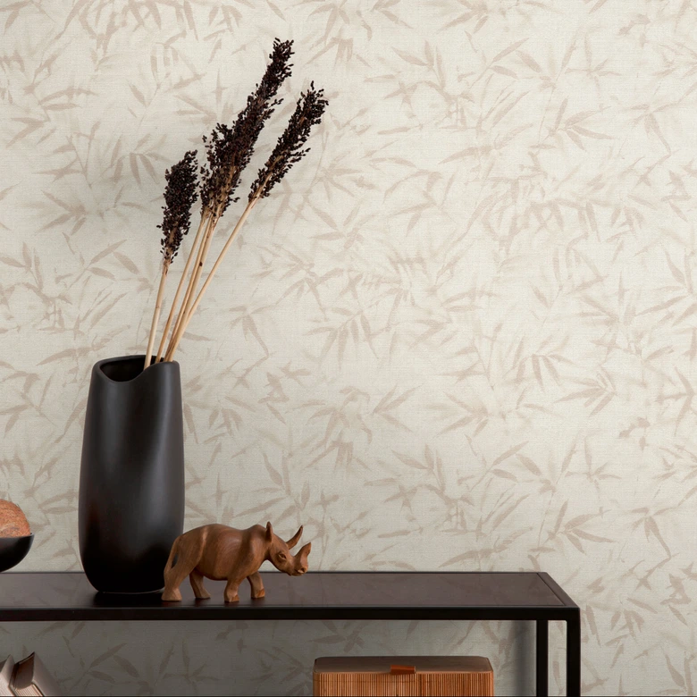 Blätter-Tapete Creme Beige - Dezente Mustertapete mit Bambus-Optik - Vliestapete 