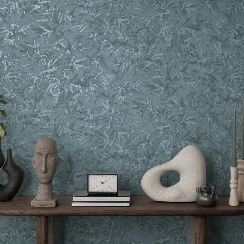 Papel pintado hoja gris azul - Papel pintado de muestra con aspecto de bambú - Papel pintado no tejido moderno 