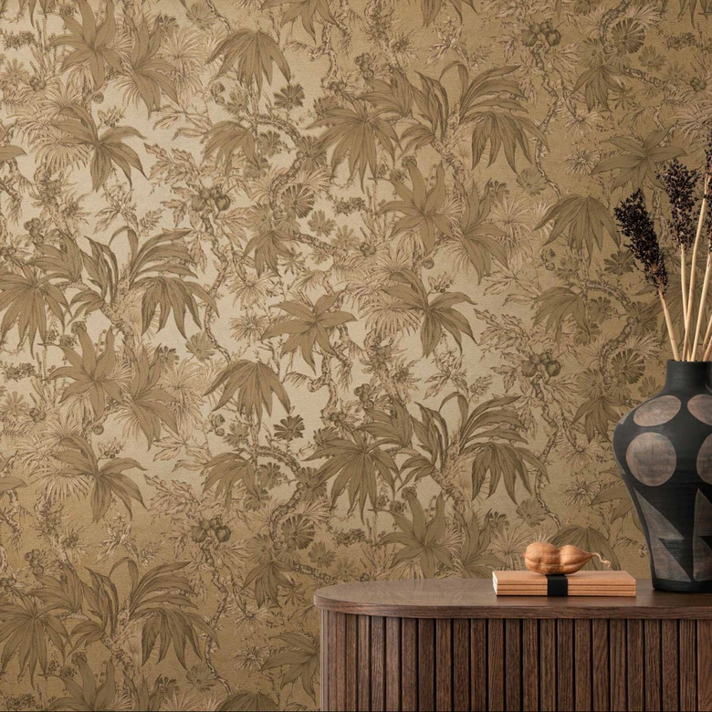 Papier peint botanique marron or - papier peint à motifs floraux exotiques - papier peint intissé 