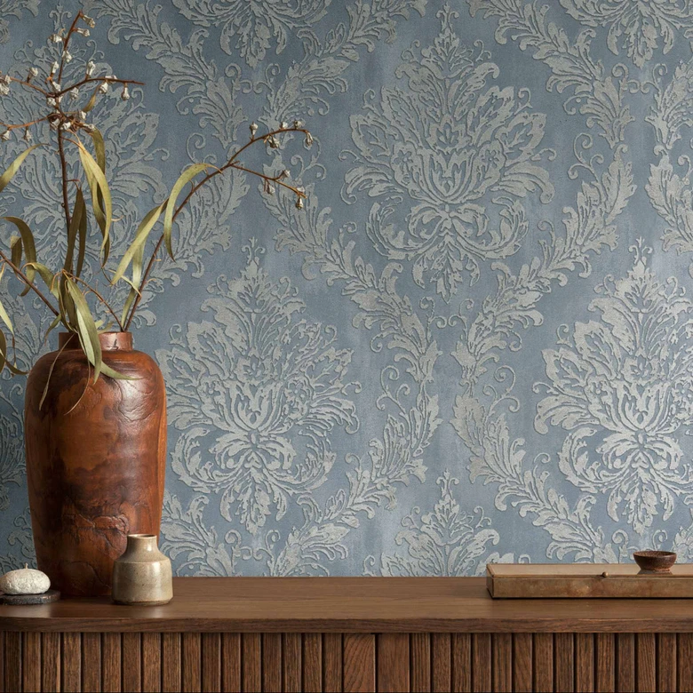 Papel pintado barroco azul plata - Papel pintado no tejido con muestra - Papel pintado con muestra brillante 