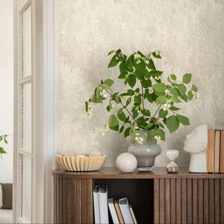 Papier peint baroque beige crème - Papier peint intissé classique avec motif ornemental 