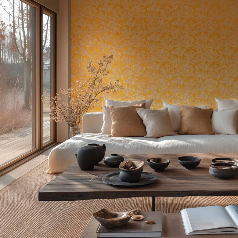 Vinyle expansé avec motif en éventail jaune beige - Papier peint intissé vif brillant 