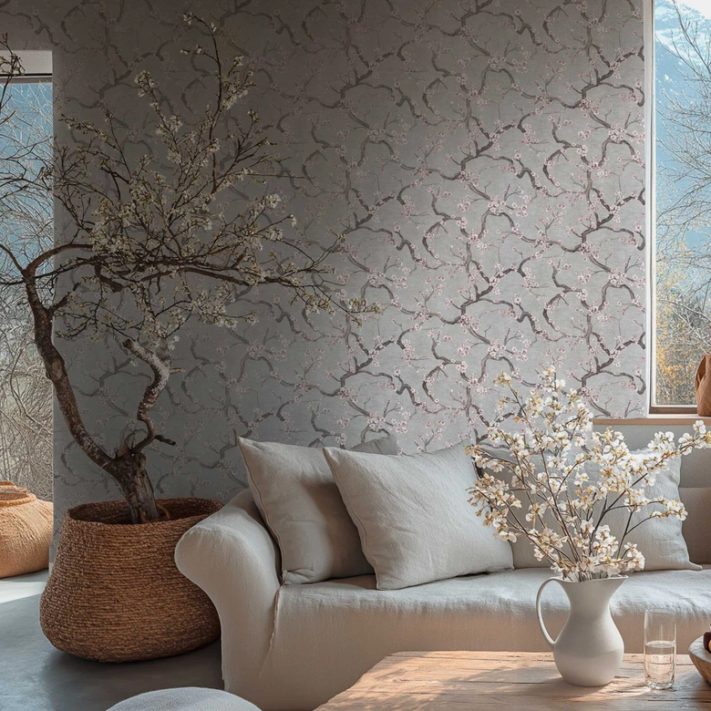 Blütenzweig-Tapete Grau Weiß Rosa – Vliestapete mit Kirschblüten  