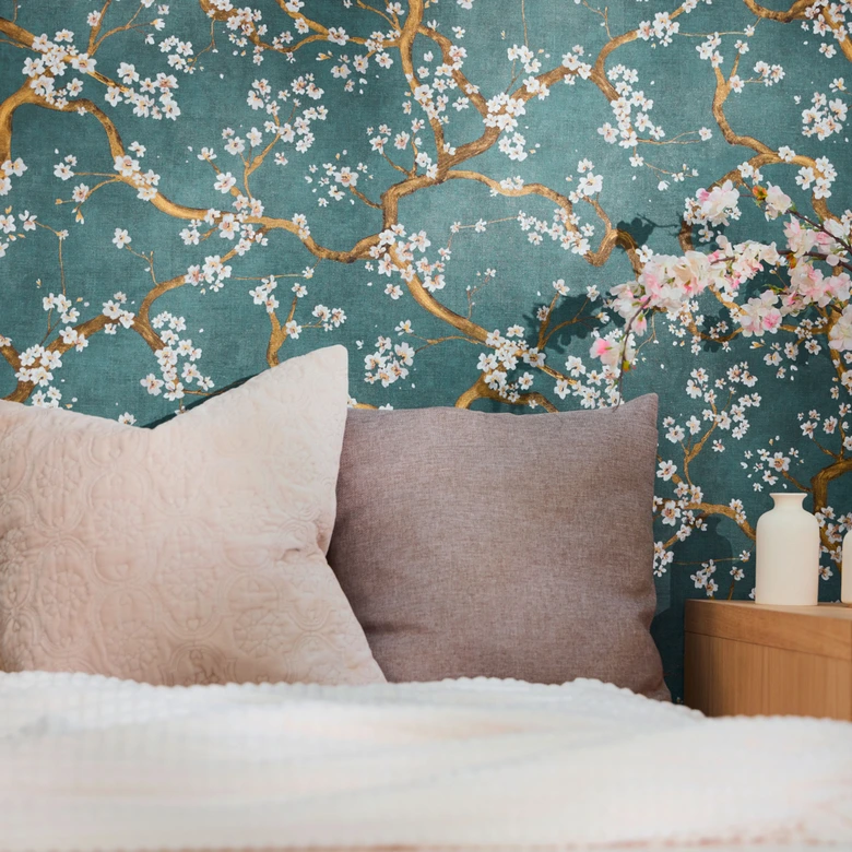 Papier peint branche fleurie vert foncé or blanc - motif fleurs asiatiques - papier peint intissé 