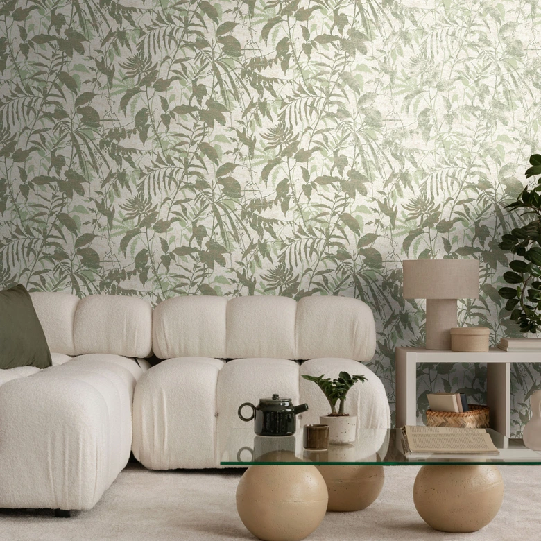 Papel pintado botánico beige verde - motivo de hojas de plantas - Papel pintado no tejido  
