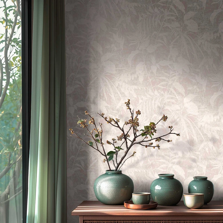 Papier peint végétal blanc rosé - motif naturel délicatement structuré - Papier peint intissé moderne 