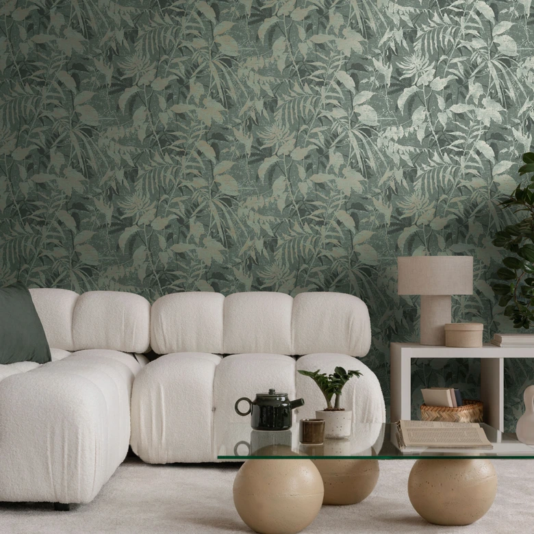 Dschungel-Tapete Dunkelgrün Beige – Blätterstruktur modern – Vliestapete tropisch 