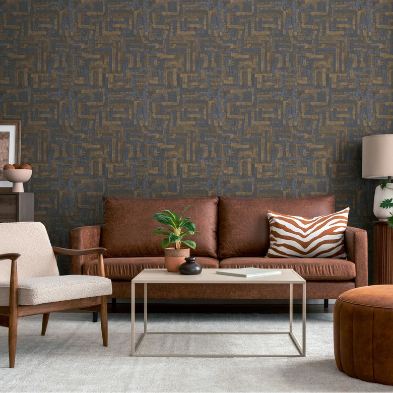 Papel pintado texturado con estructura de lino marrón negro - Muestra geométrica 