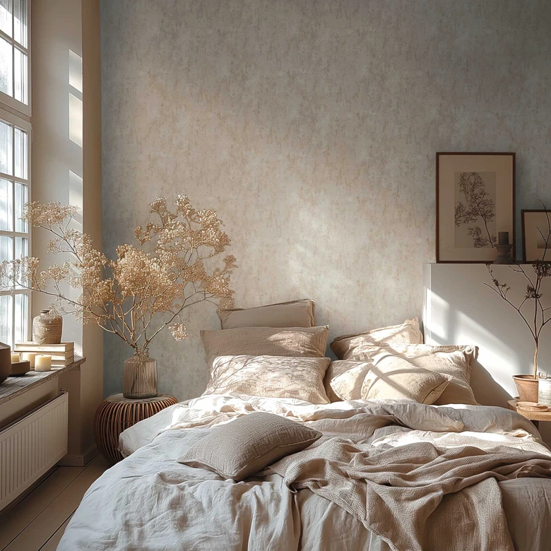 Papel pintado no tejido con aspecto de hormigón beige crema - Papel pintado texturado con carácter de yeso  