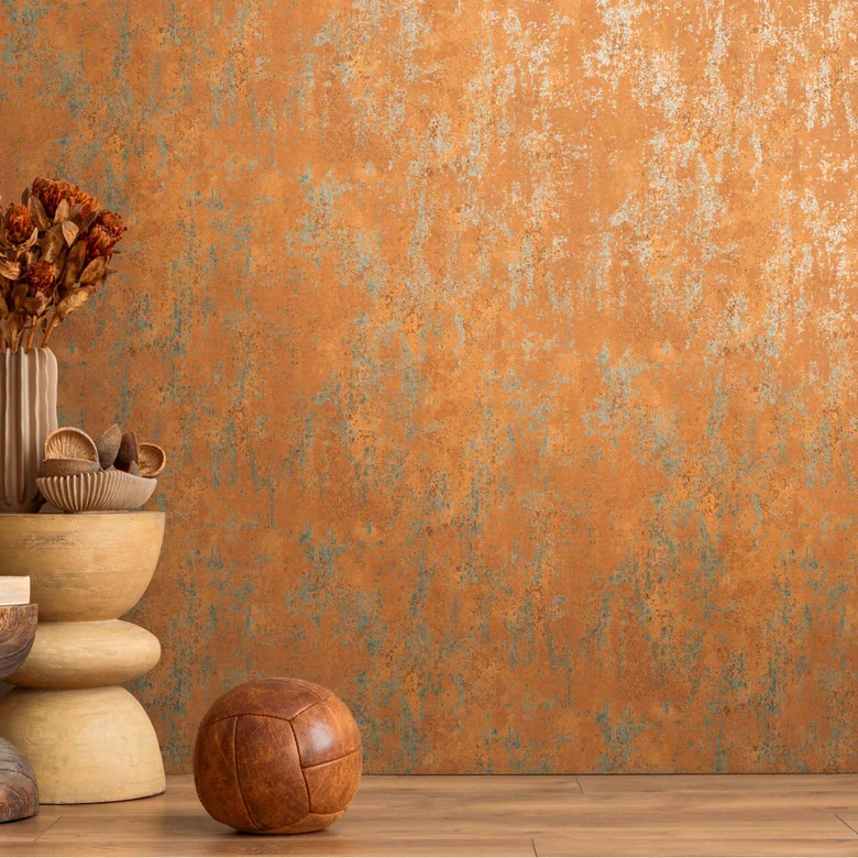 Non-woven wallpaper in rust look copper blue - used look textured wallpaper  