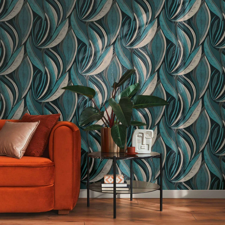 Papel pintado Jungla azul petróleo blanco - grafico moderno aspecto hoja - Papel pintado no tejido 