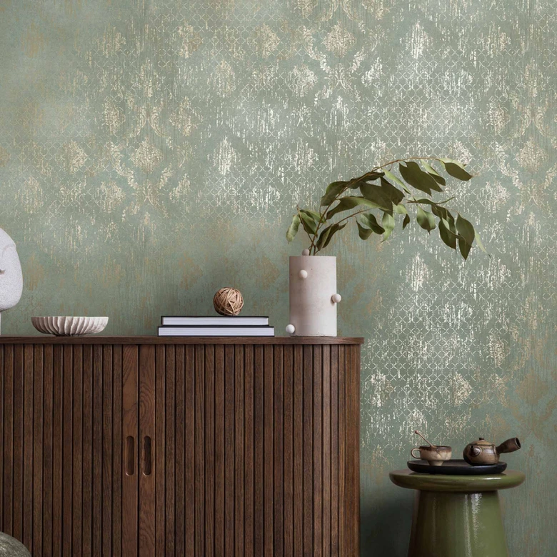 Papier peint ornemental vert menthe argenté - Papier peint intissé brillant avec motif vintage 