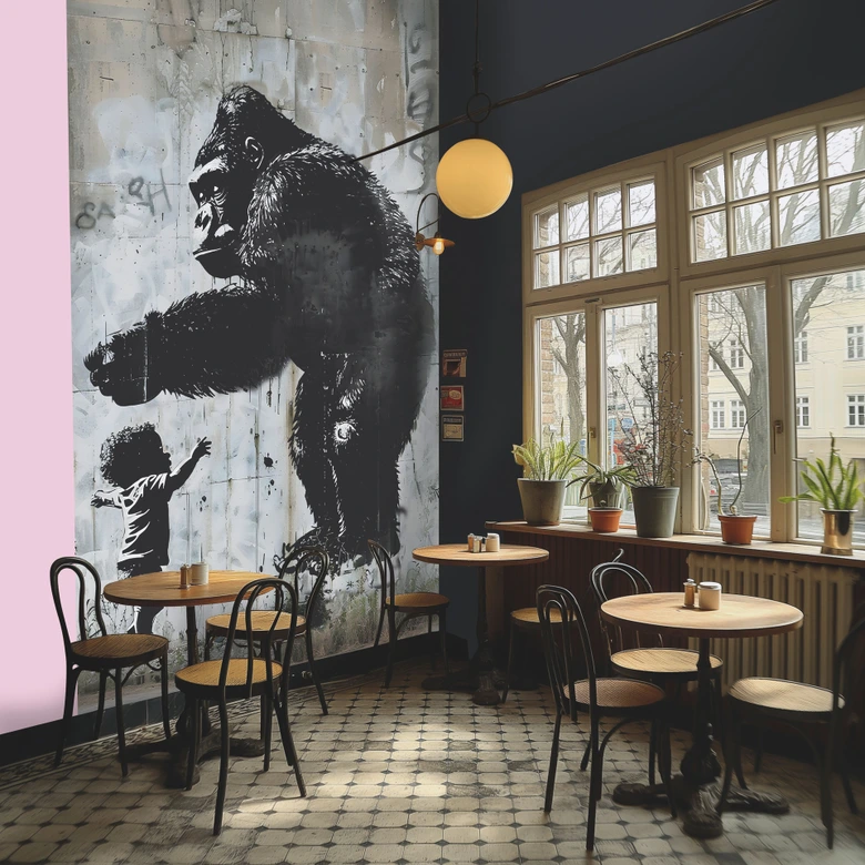 Fototapete Urban Art Gorilla Kind – Streetart in Grau Schwarz – Vliestapete erweiterbar 