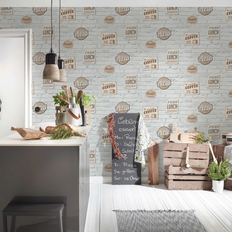 Selbstklebende Tapete & Möbelfolie - Kaffe und Pizza - weiß, beige - Rolle 840x53 cm  