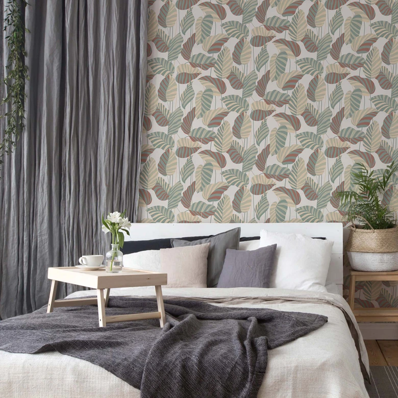 behang planten bladeren wit groen oranje rood - modern vliesbehang 