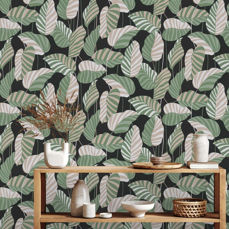Papier peint Feuilles Vert Noir - papier peint intissé végétal floral moderne 