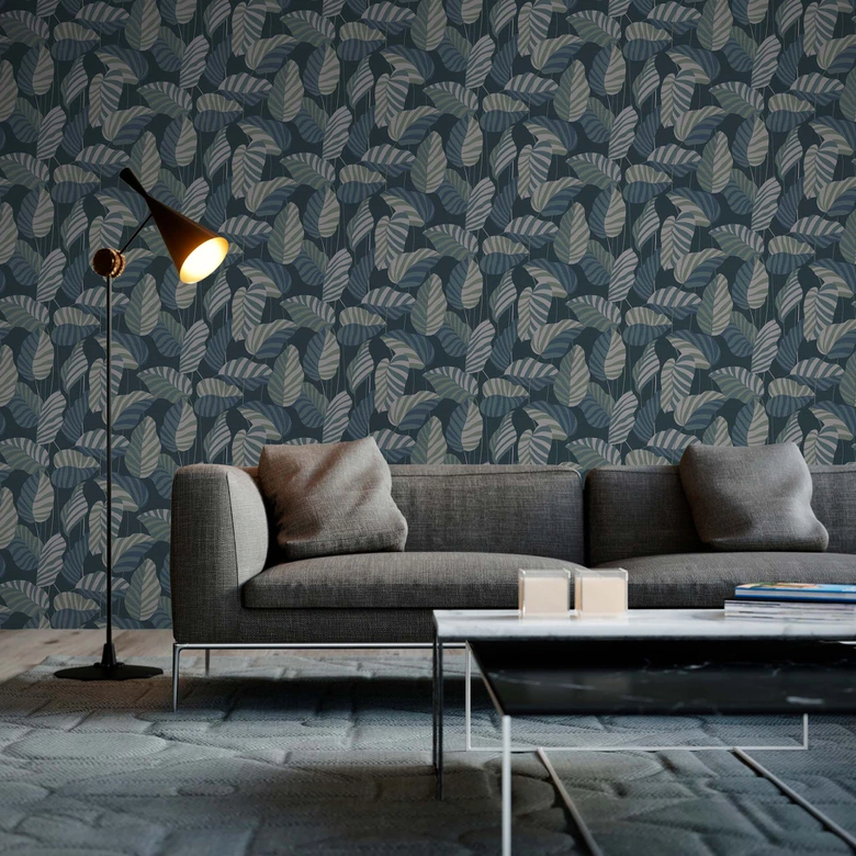 Papel pintado vintage plantas de la jungla hojas azul verde papel pintado no tejido 