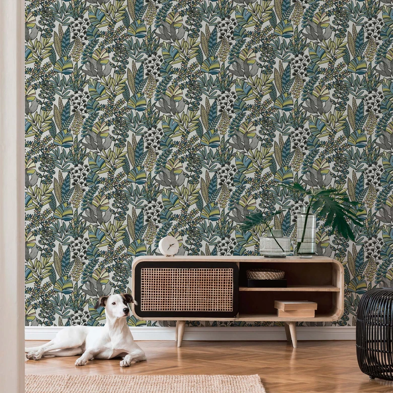 Jungle papier peint feuilles plantes vert bleu blanc - modèle papier peint intissé 