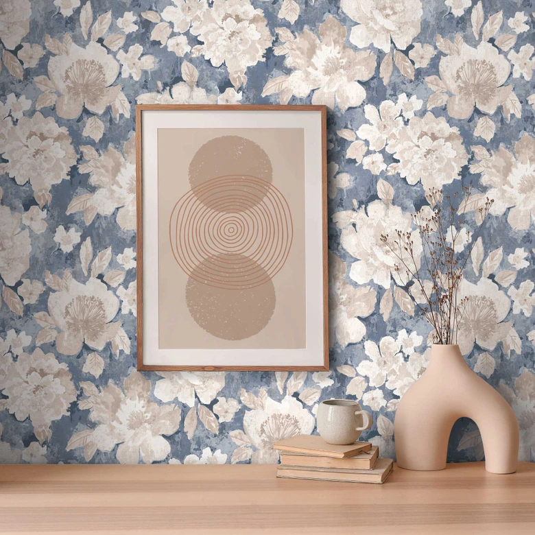 Papier peint floral Vintage bleu beige - papier peint fleuri rétro - papier peint intissé 