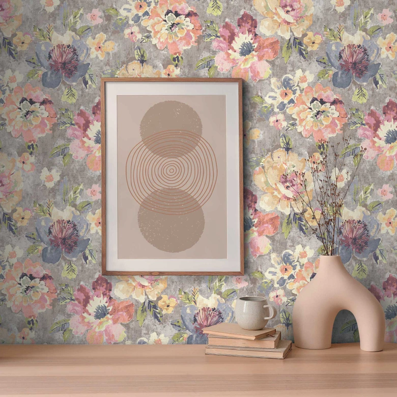 Vintage pastellfärgad blommig tapet - blommönster tapet retro - non-woven tapet 