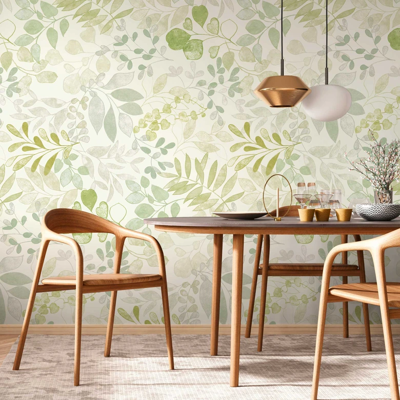 Papel pintado no tejido con motivo de hojas verde beige - papel pintado floral - aspecto naturaleza 