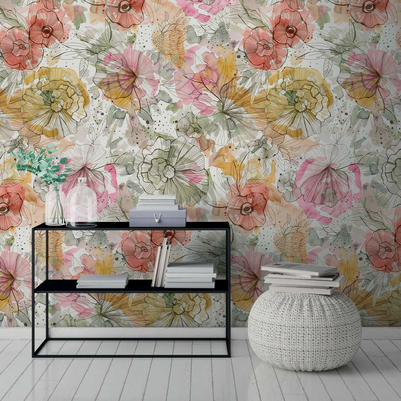Vliestapete mit Blumenmuster Bunt Aquarell - Florale Fototapete - Modern 