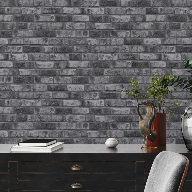 Vliesbehang steen optiek antraciet grijs - baksteen behang vliesbehang - behang stenen muur 