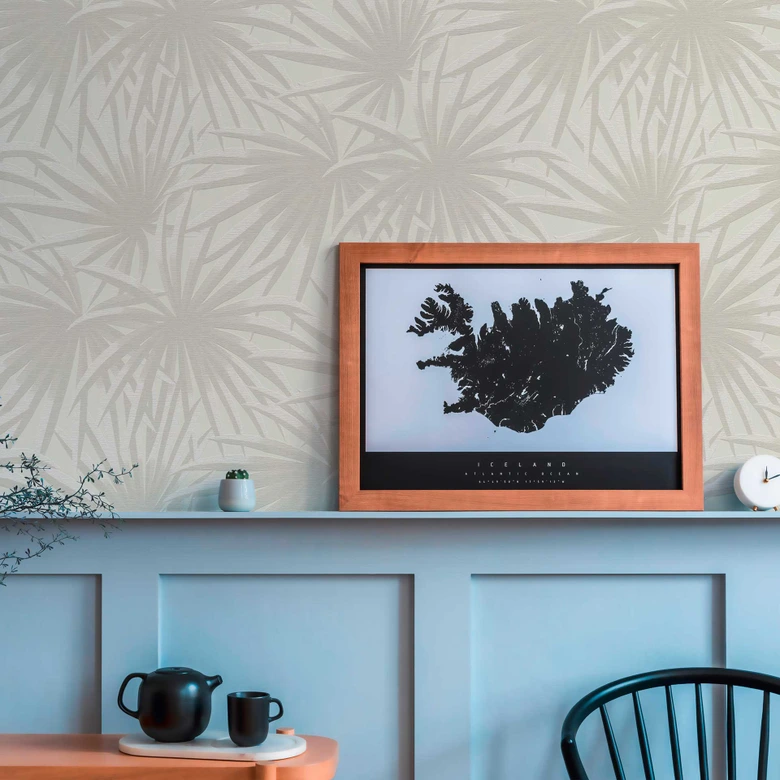 Papel pintado Selva gris claro crema - Papel pintado no tejido con hojas 